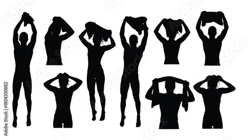 People drying with towels silhouettes isolated on white background, Vector