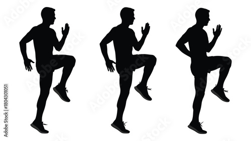 Male high knees exercise silhouette isolated on white background, Vector
