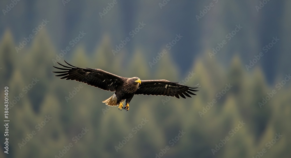 Obraz premium Majestic Golden Eagle Soaring Through Forest Canopy in Flight.
