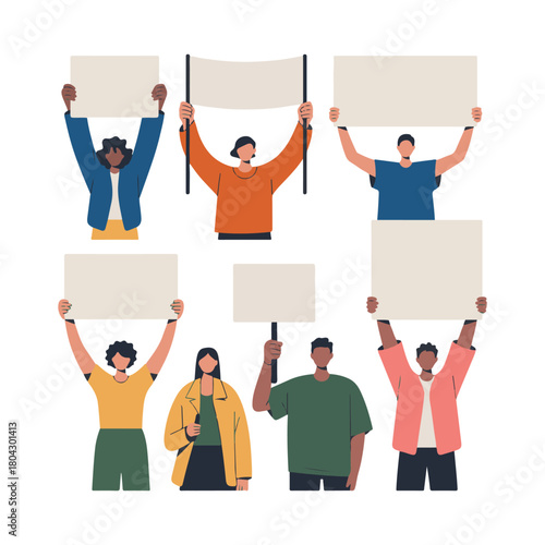 Diverse group of people holding blank signs and banners for protest vector