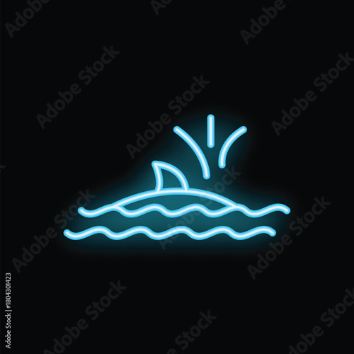 Neon sign depicting a shark fin emerging from ocean waves with a sunset in the background
