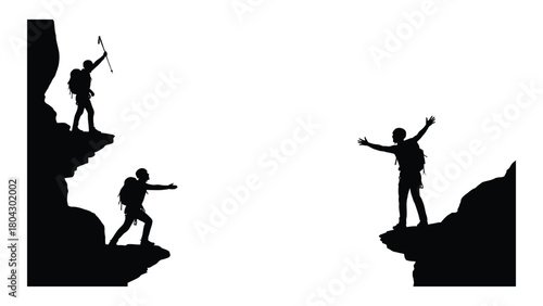 Mountain climbers silhouettes on cliffs isolated on white background, Vector