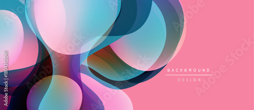 Abstract colorful shapes overlap, creating dynamic visual effect. Pink background complements blue, purple hues. Modern design element.