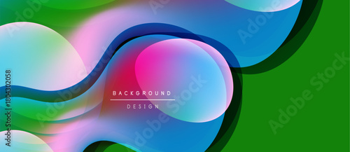 Abstract fluid shapes overlap, creating vibrant color gradients. Modern design with smooth curves, dynamic composition. Background elements suggest movement, energy.