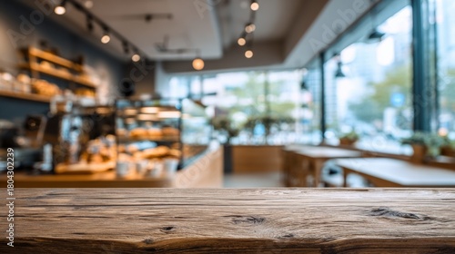 Wallpaper Mural Rustic Wooden Tabletop with Blurred Bakery or Cafe Interior Background, Ideal for Product Display and Marketing Torontodigital.ca