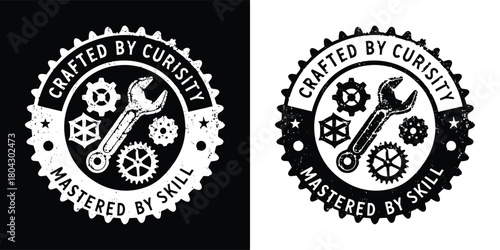 Vintage emblem with wrench and gears, crafted by curiosity, mastered by skill text, isolated on white background