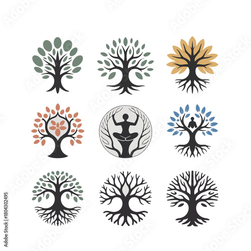 Nine stylized tree logos with roots and varied leaf colors symbol nature
