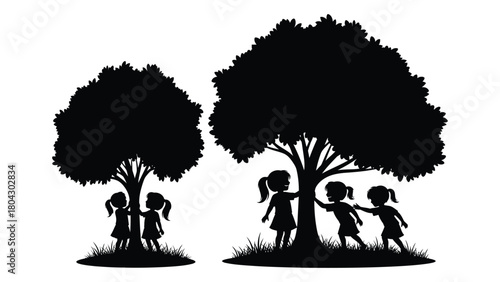 Children playing under trees silhouette isolated on white background, Vector