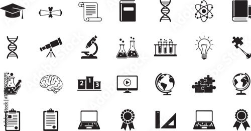 Black and white education and science icons for learning resources