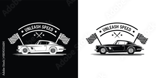 Vintage sports car with checkered flags and unleash speed text, symbolizing racing and performance