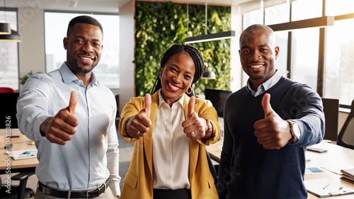 Successful Teamwork - Three Smiling Professionals Giving Thumbs Up in Modern Office.