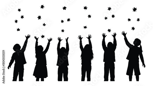 Children playing with falling leaves silhouette isolated on white background, Vector