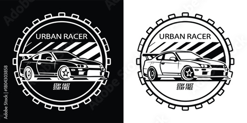 Urban racer car logo, graphic illustration of a sports car with spoiler and custom wheels, presented in two versions, black and white, on black and white backgrounds