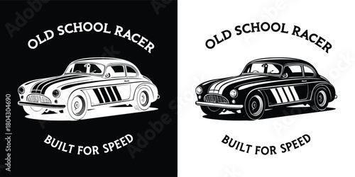 Vintage old school racer car graphic with text built for speed, available in black and white