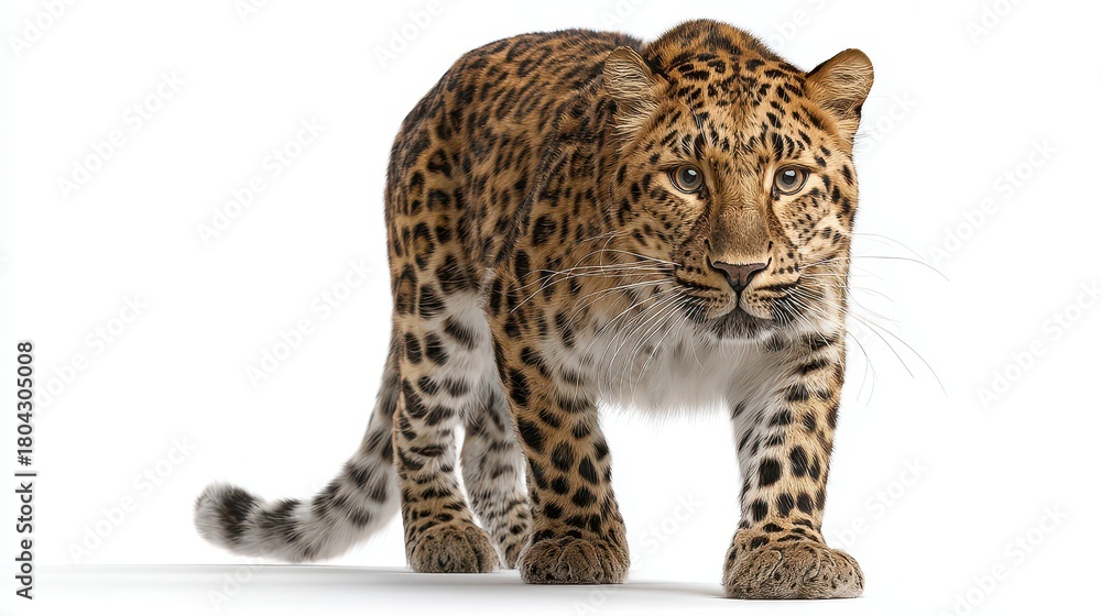 Fototapeta premium Amur leopard standing in alert pose on white background, showcasing distinctive rosette pattern fur, powerful muscular build, and intense amber eyes with direct forward gaze