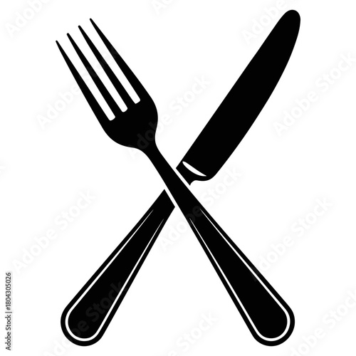 Cutlery Elegance: An elegant cross formed by a sharp knife and a classic fork, symbolizing the art of dining. A monochromatic masterpiece.