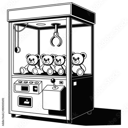 Claw Machine: A monochrome illustration of a classic claw machine, with teddy bears awaiting capture and the mechanical arm poised for action. A nostalgic depiction of amusement and chance.