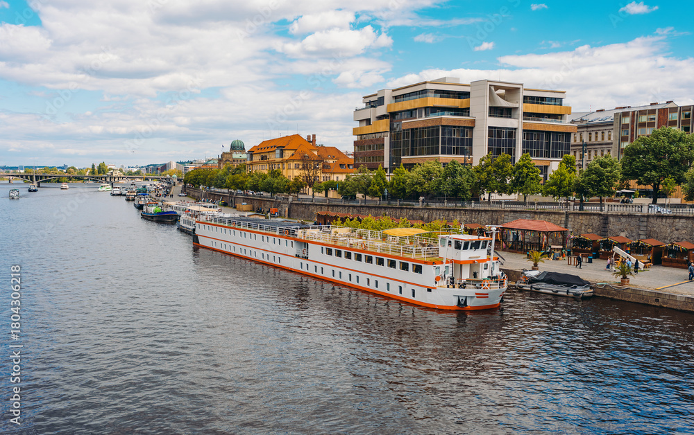 Fototapeta premium Large passenger river cruise ship on Vltava.