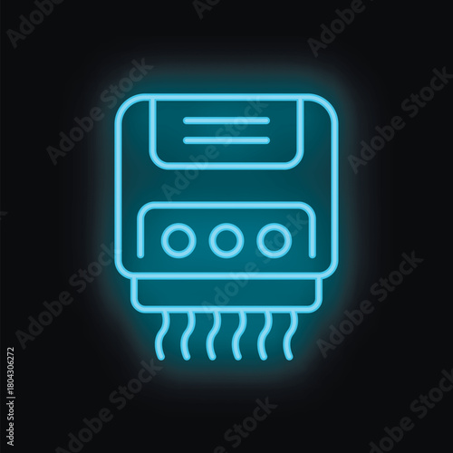 Blue neon icon of an air purifier cleaning the air, on a black background