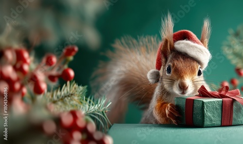 Niedliches Eichhörnchen mit Weihnachtsmütze und Geschenk