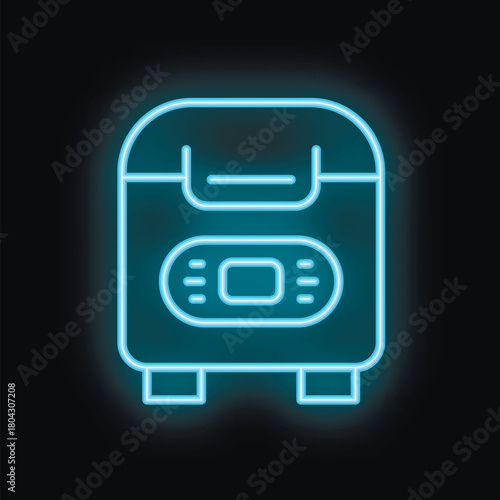 Blue neon icon of a multicooker glowing on a dark background, representing its convenience and efficiency in the kitchen
