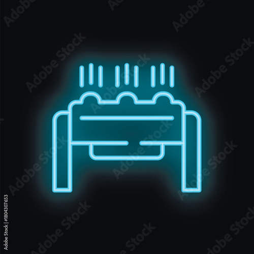 Blue neon icon of a modern automated greenhouse system growing plants under uv lamps