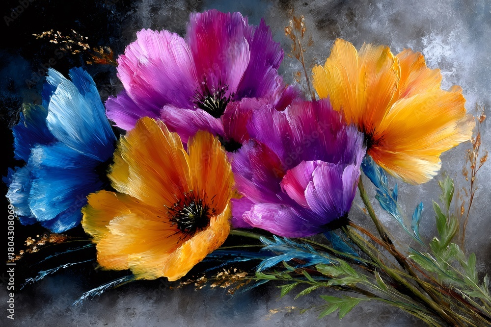 Fototapeta premium Vibrant colorful poppies bouquet oil painting impasto texture