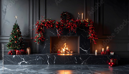 A luxurious Christmas interior featuring a black marble fireplace, red garland accents, and dim moody lighting for an elegant festive atmosphere