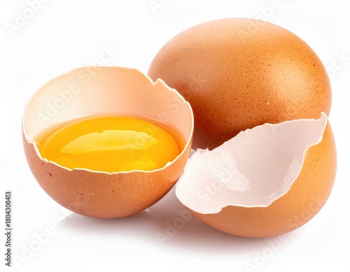 Close-up of brown eggs, one cracked open revealing a bright yellow yolk, isolated on a white background.