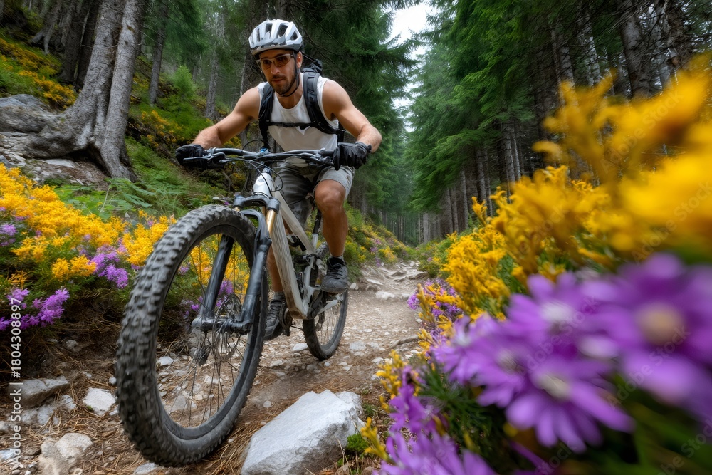 Fototapeta premium Man mountain biking on trail through colorful forest wildflowers