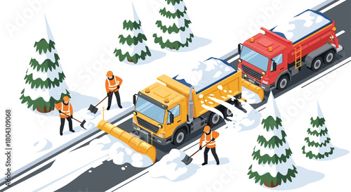 Winter snow removal crew with trucks clearing highway after blizzard brings relief and safety to commuters during the winter season
