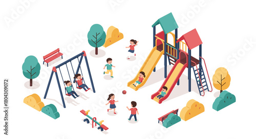 Vibrant isometric playground scene with happy children playing on slides, swings, and seesaw, perfect for educational or recreational designs