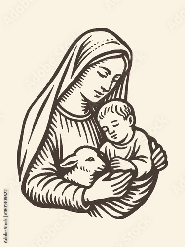 Madonna with child and lamb vintage engraving vector illustration