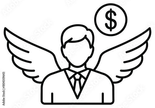 Financial Angel Investor Businessman with Wings Outline Icon