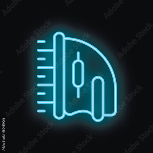 Blue neon sign showing a server room containing a server rack with candlestick chart displayed on screen