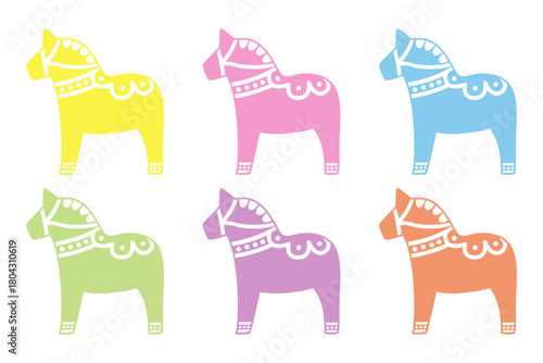 Colorful Pastel Dala Horse Set in Scandinavian Folk Style
