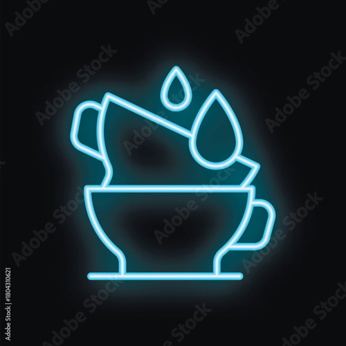 Blue neon icon of two cups stacked and tilted sideways, with water drops falling on them, suggesting washing dishes