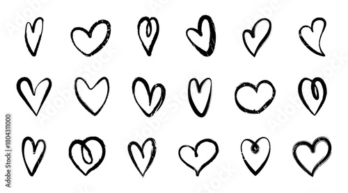 Grunge heart set, brush heart icon collection, vintage heart