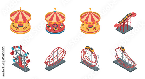 Isometric amusement park rides, including a carousel, Ferris wheel, and roller coaster, fun fairground attractions for family entertainment