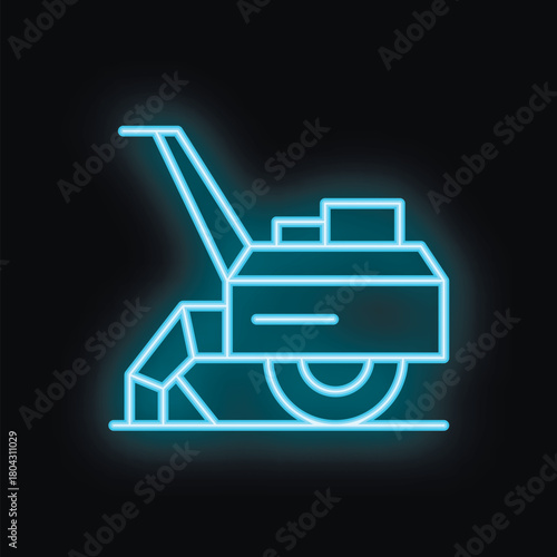 Blue neon sign of a snow removal machine working on a black background