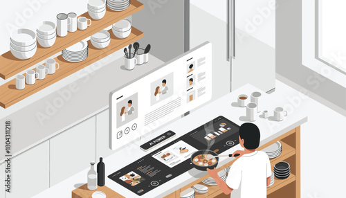 Modern kitchen scene with AI-powered smart cooking assistant, perfect for technology, lifestyle, and innovative home concepts