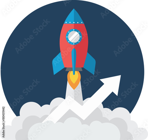 A flat design illustration of a red and blue rocket launching upwards with an ascending arrow, symbolizing business growth and success.