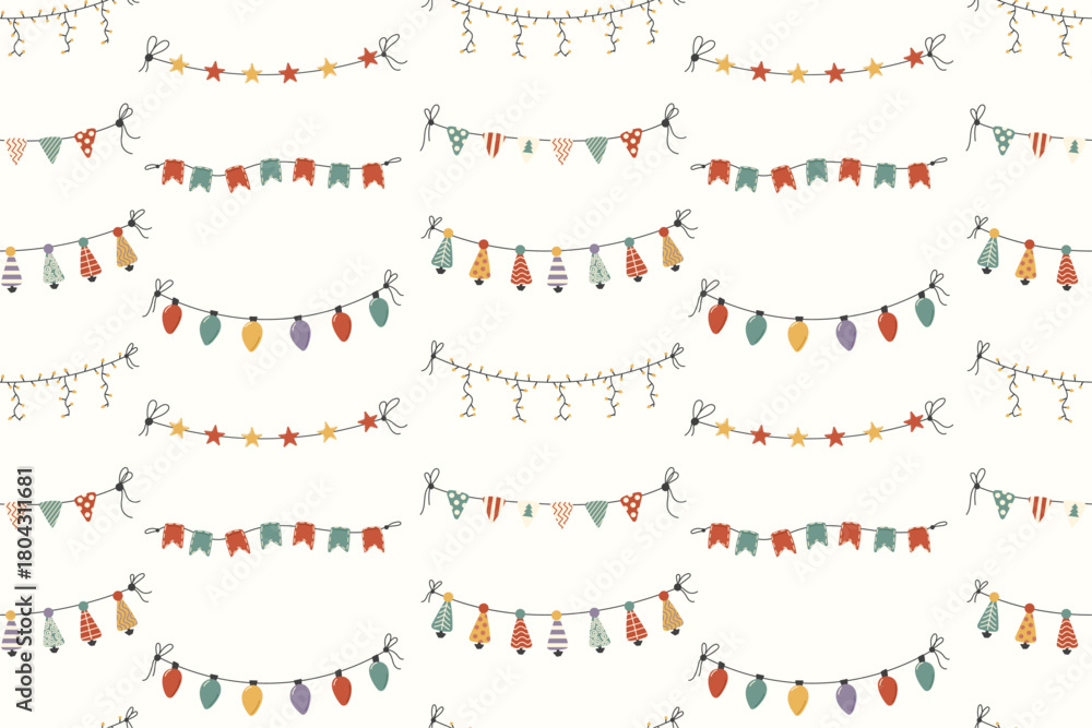 Fototapeta premium Vector seamless pattern with hand drawn Christmas lights, stars, flags and leaves
