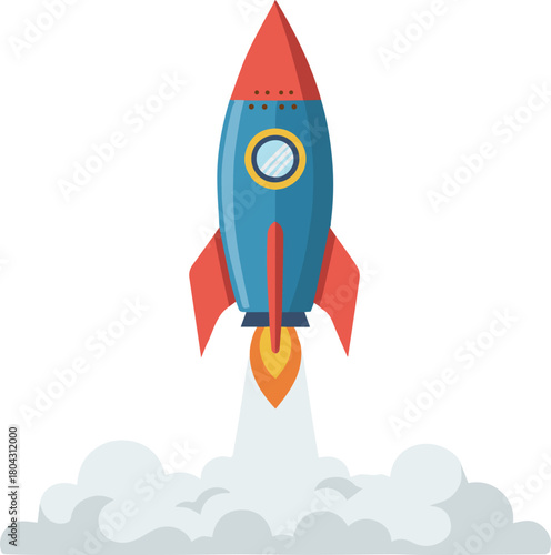 A cartoon blue and red rocket launching with fire and smoke into the sky.