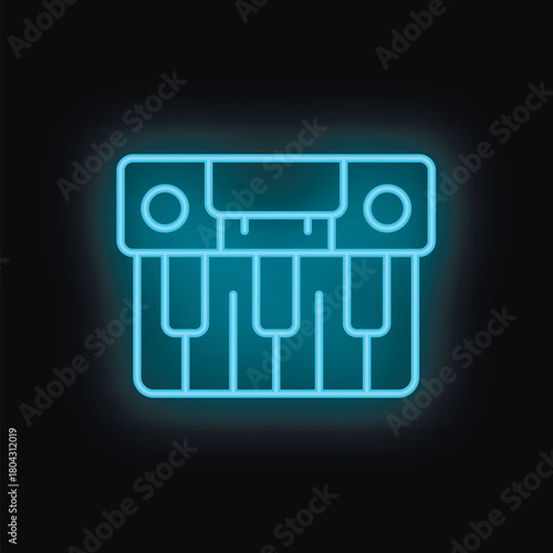 Blue neon icon representing an electronic keyboard synthesizer, evoking musical creativity and digital sound production