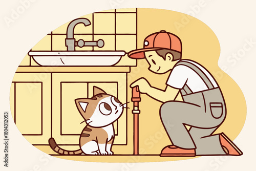 Friendly plumber fixing pipes under the sink while a curious cat watches, cute cartoon style, home repair service, happy homeowner, domestic help, professional service