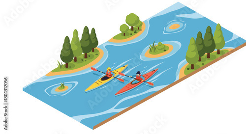 Dynamic isometric view of two people kayaking down a scenic river, perfect for travel brochures and outdoor adventure promotions