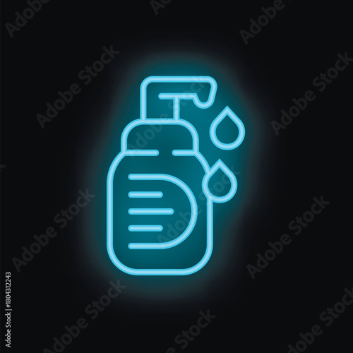 Bright blue neon sign of a liquid soap dispenser pouring out soap on a black background