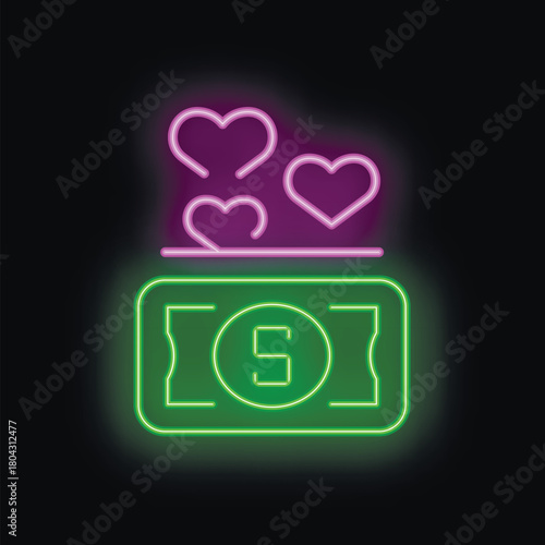 Glowing neon icon of a banknote with hearts representing the concept of donation
