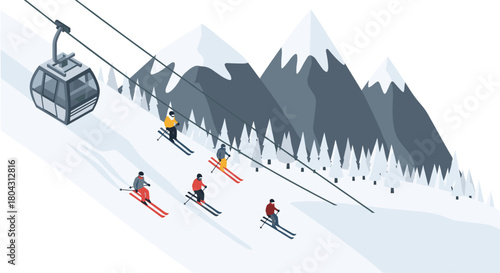 Skiers enjoying fresh powder on a vibrant mountain resort with gondola lift and snowy alpine trees for a stunning winter vacation day